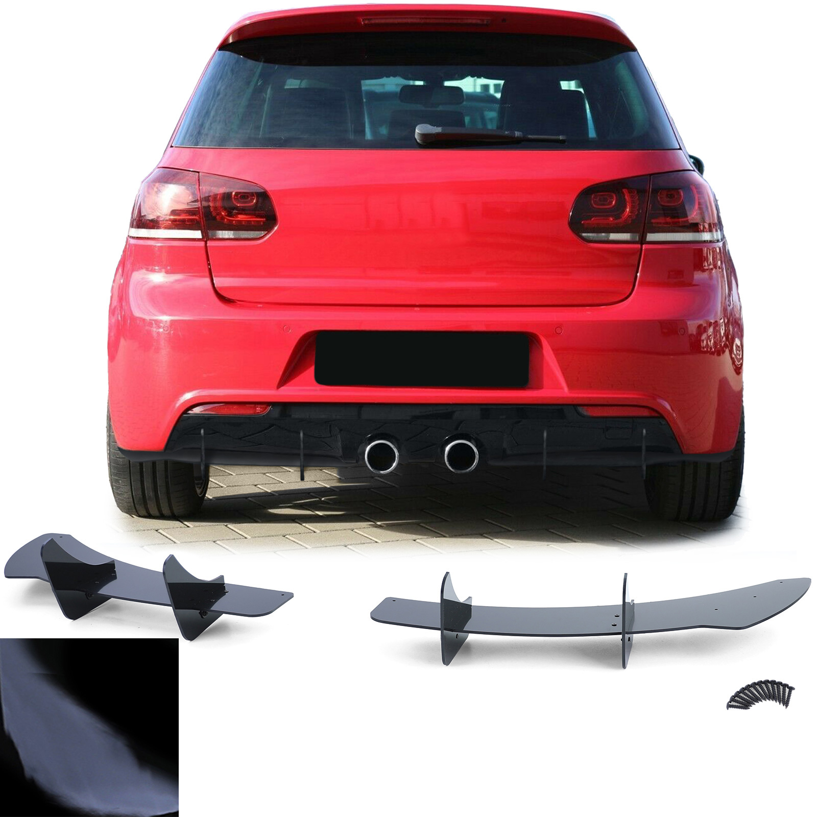 Rear Bumper diffuser addon with ribs / fins / side splitters for VW Golf 6 R20 2008-2013