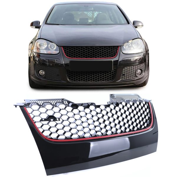 GTI front grill without emblem for VW Golf V MK5 Black Gloss with red strip