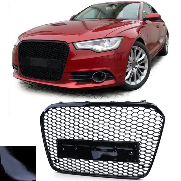 RS6 Style Front Honeycomb Grill for Audi A6 S6 C7 2011-2015 Black Gloss